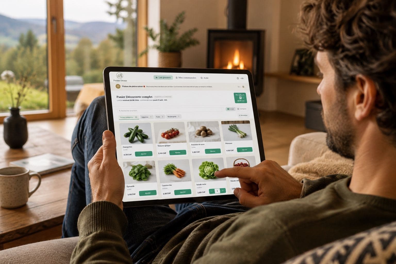 Un client compose son panier depuis son canapé, tablette en main
