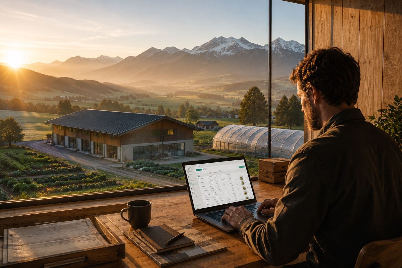 Depuis le bureau de la ferme, la gestion du jour face aux Alpes au lever du soleil