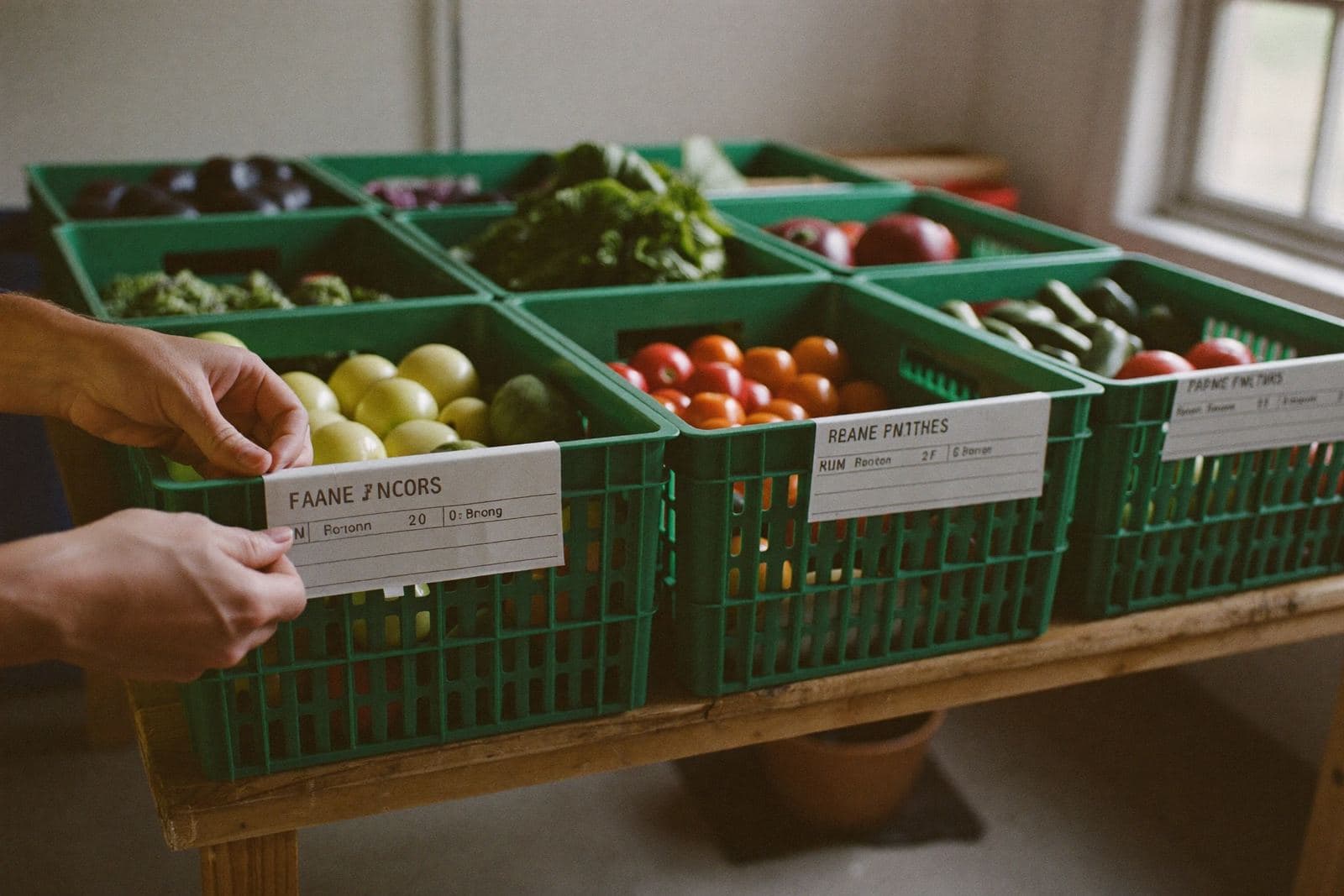 Dans le local de préparation, une main pose une étiquette imprimée sur une caisse de légumes alignée avec les autres