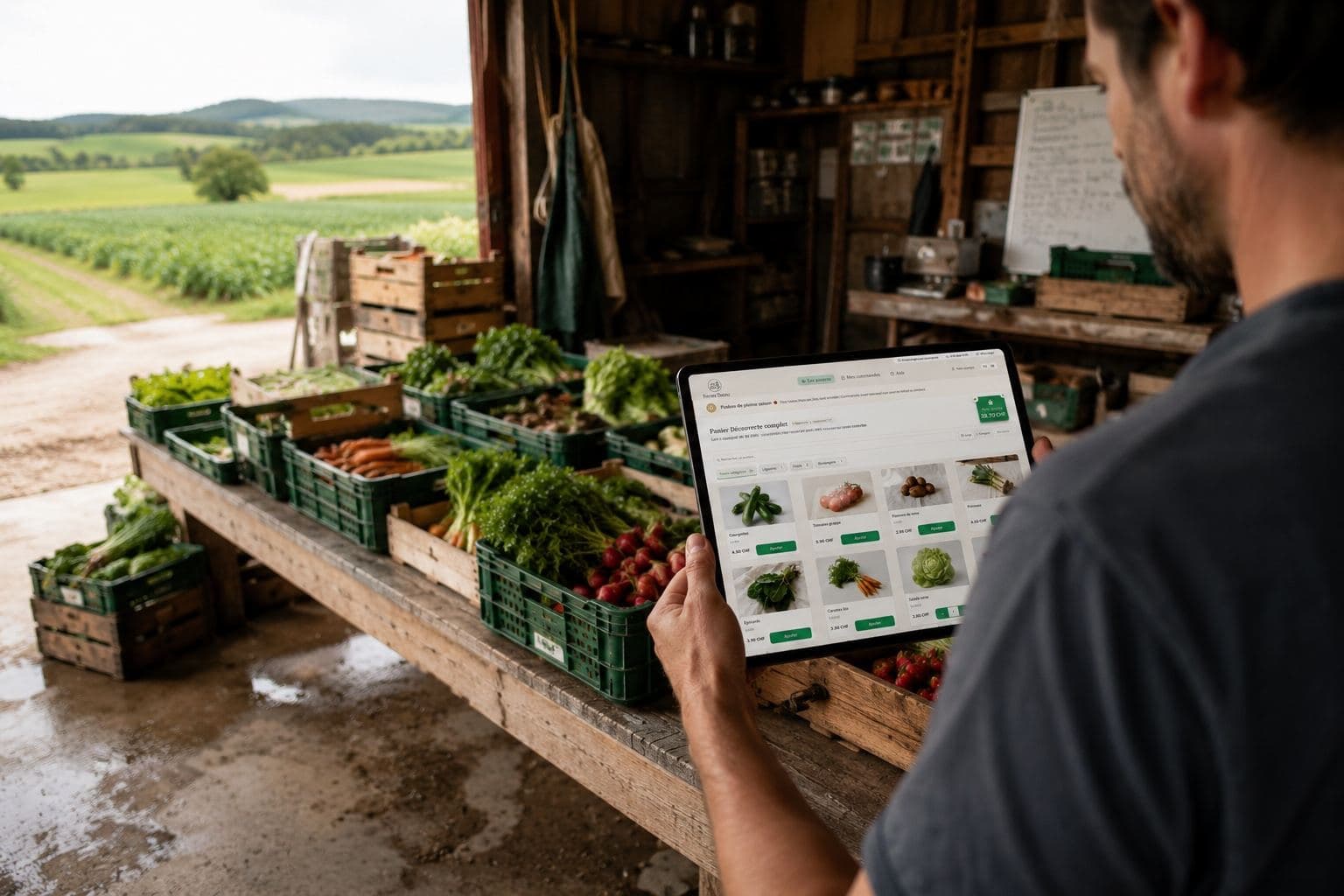 Dans le hangar, le producteur met son catalogue en ligne depuis une tablette, ses caisses devant lui