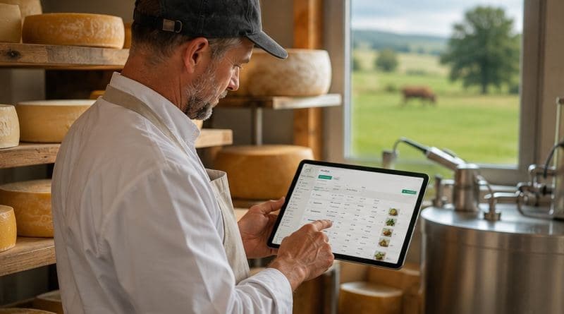 Dans la cave d'affinage, le fromager vérifie ses commandes sur tablette devant les meules