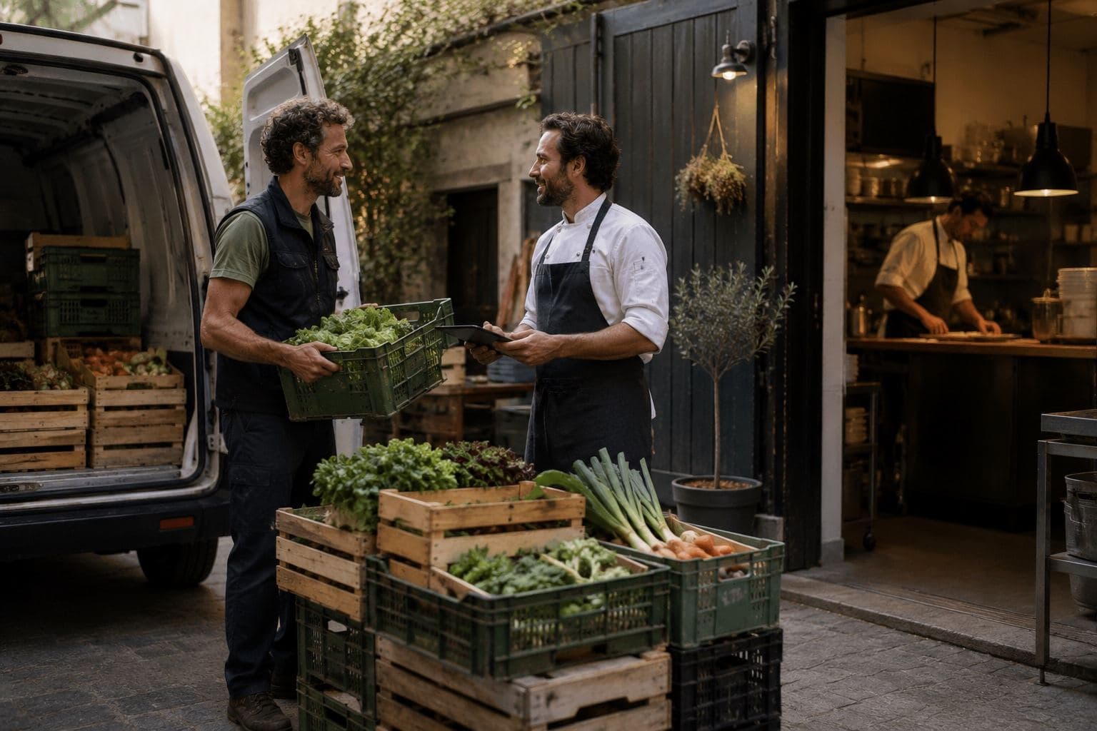 Le maraîcher livre ses caisses de légumes au restaurateur, devant la cuisine