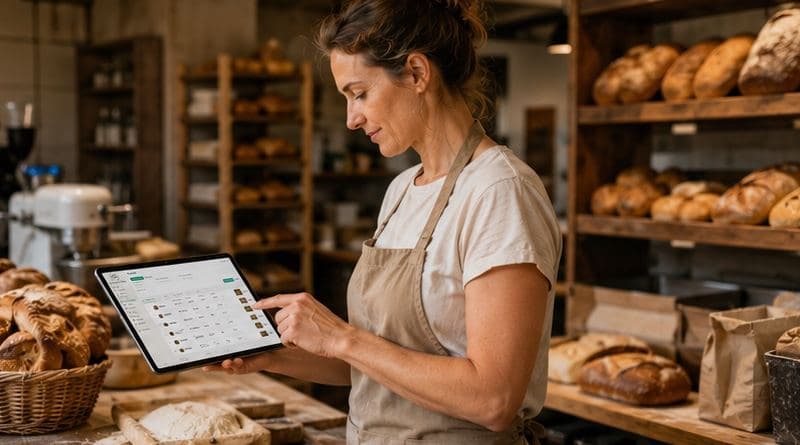 La boulangère consulte les commandes du jour sur tablette, devant les pains en rayon
