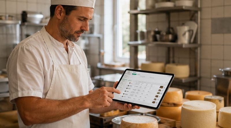 Le fromager vérifie une commande sur tablette, entre les meules de la fromagerie