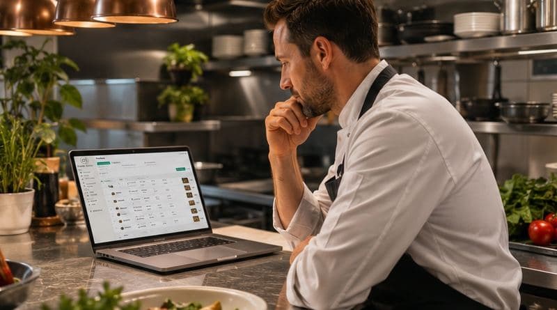 En cuisine, le traiteur passe ses commandes de la semaine en revue sur ordinateur portable