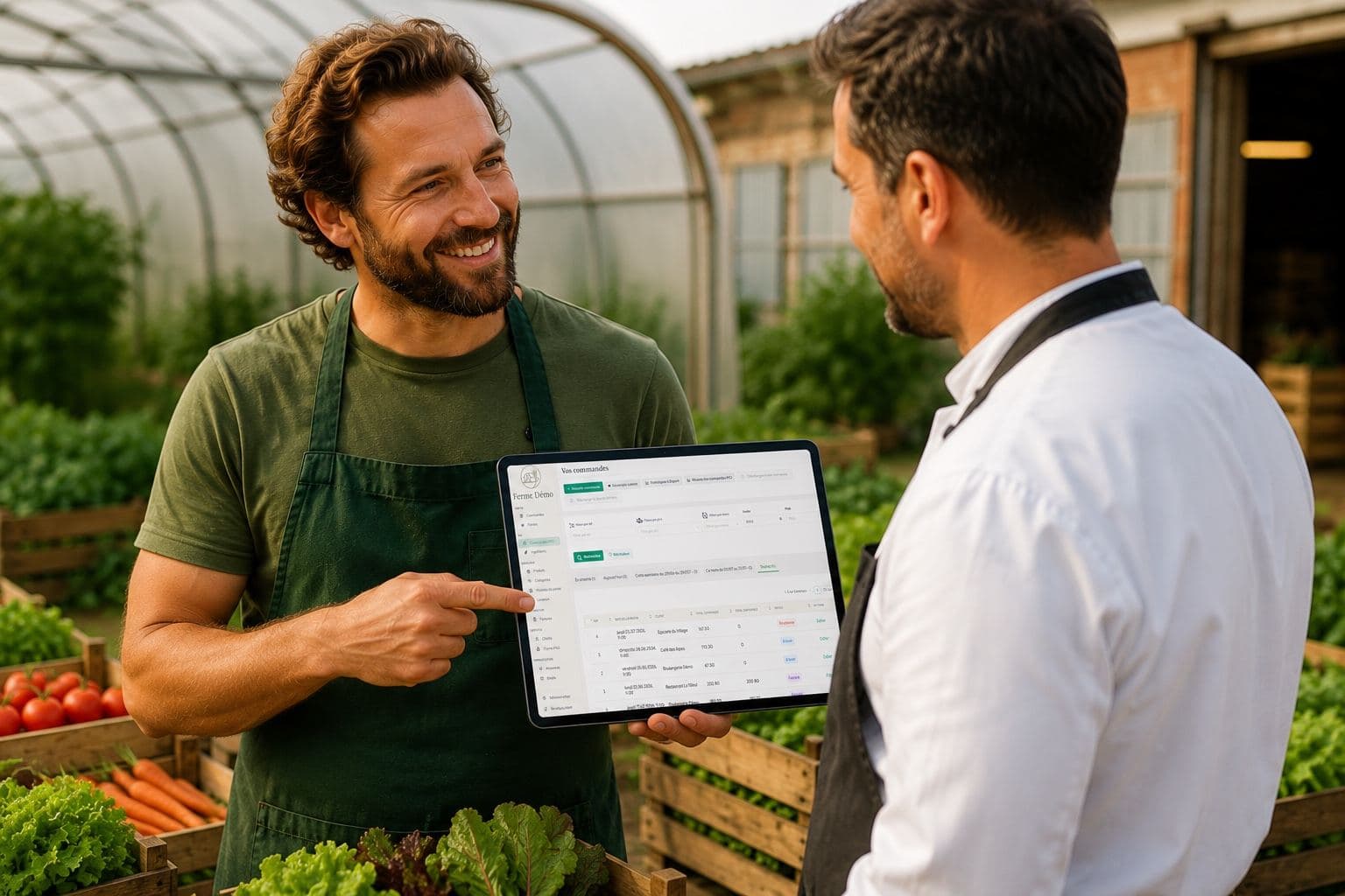 Le producteur passe les commandes de la semaine en revue avec son client restaurateur, tablette en main