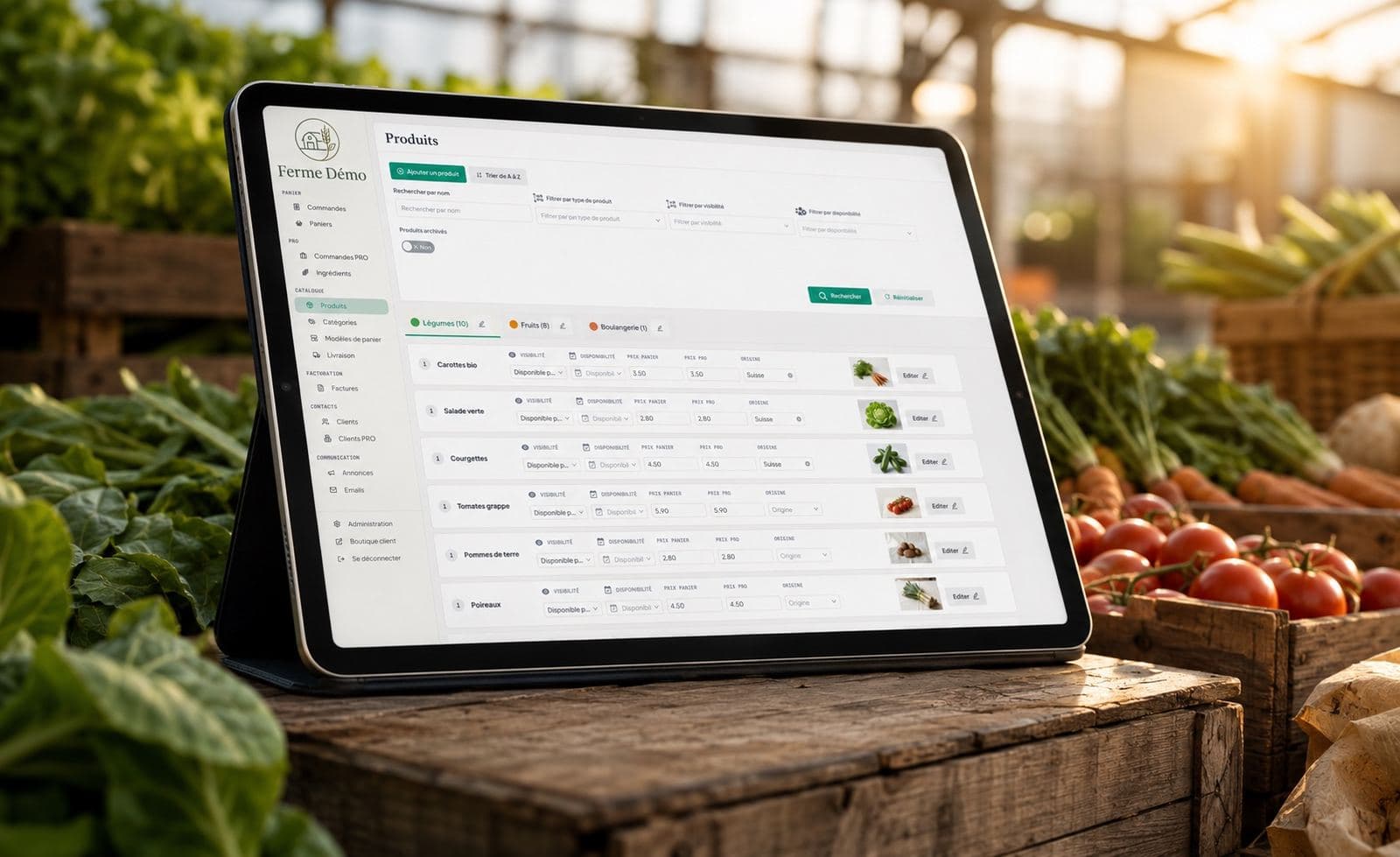 Le catalogue de la ferme ouvert sur une tablette, posée sur une caisse au milieu des légumes
