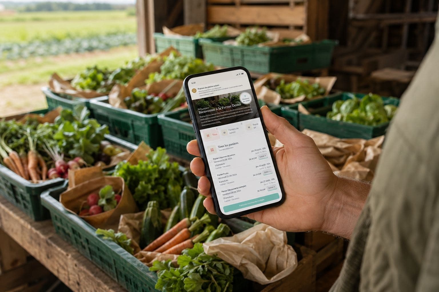 La commande en cours sur le téléphone, au milieu des caisses de légumes