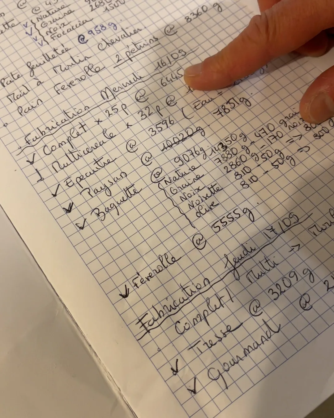 La main d’Aurélie sur son cahier de fabrication : pains, poids, dates
