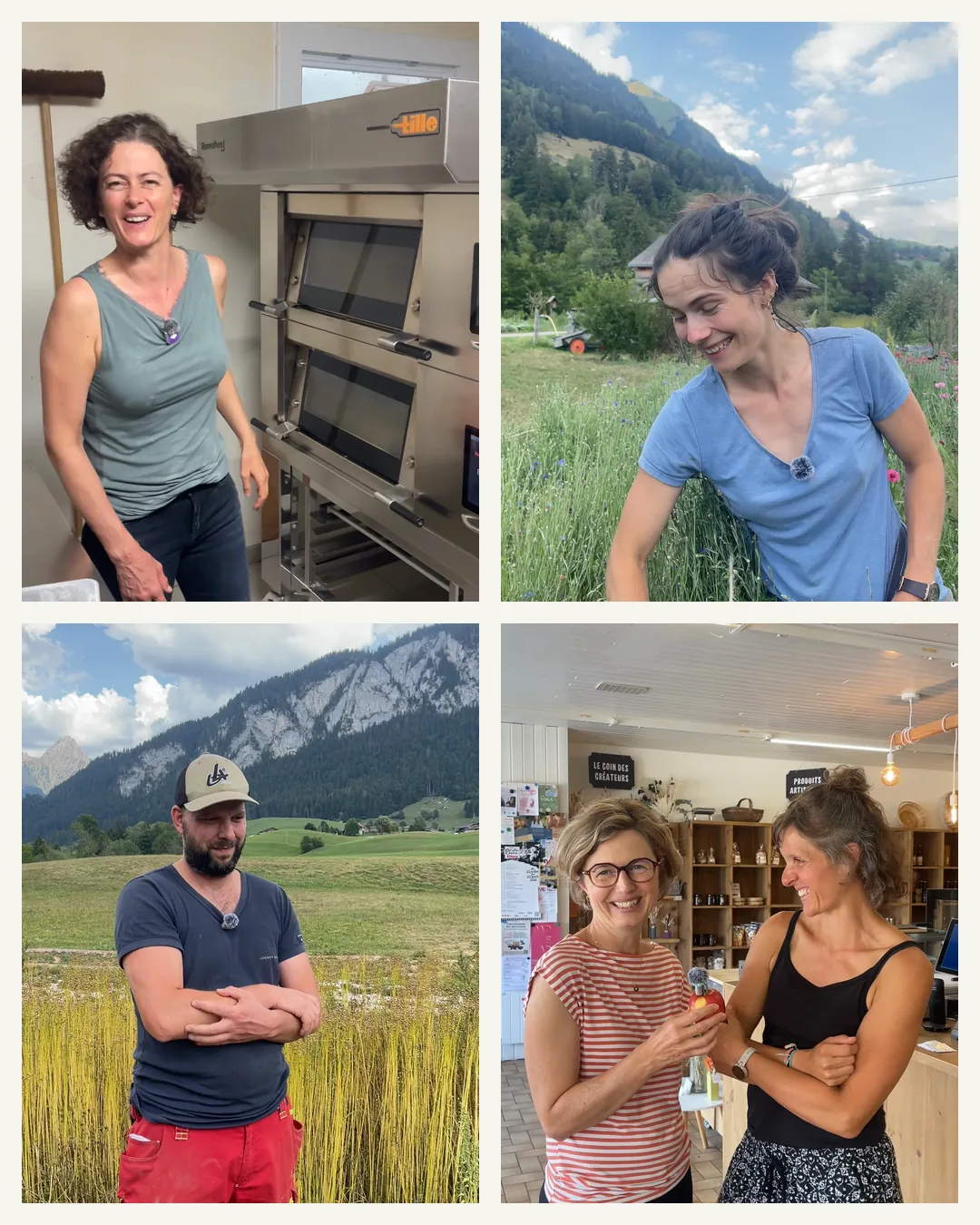 Visages et mains des tournages : Yaëlle, Corinne et Suzanne, Aurélie, la main de Bastien sur un pot de miel, la boutique sur un téléphone, le cahier d’Aurélie
